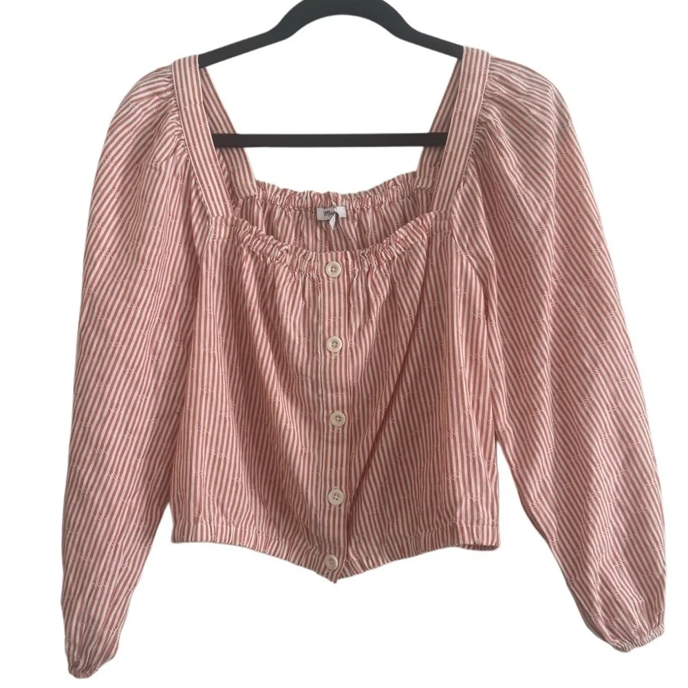 Madewell Puff Sleeve Button Front Cropped Embroidered Stripe Size Medium